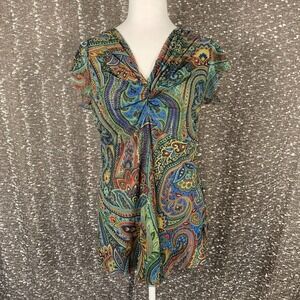 Vintage Silver Lining Colorful Paisley Blouse Short Sleeve Y2K Boho Women's XL